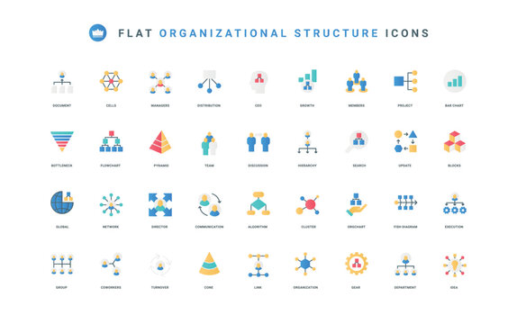 Department and team hierarchy, project chart thin symbols vector illustration. Organizational structure of community, company and leadership, group organization flat icon set