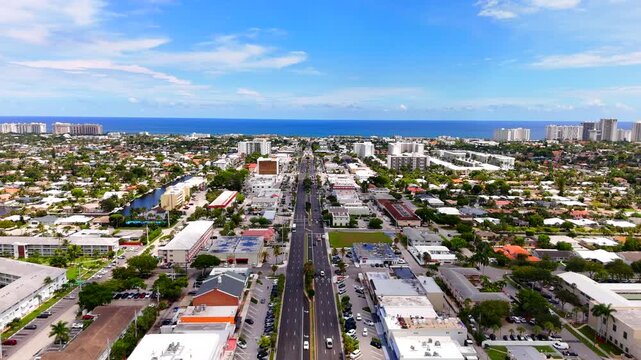 Aerial video Commercial Boulevard Fort Lauderdale heading east towards the sea