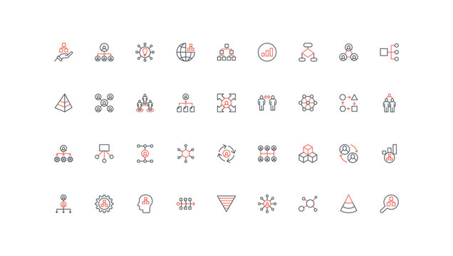 Hierarchy, organizational structure of corporate company department in chart, leadership and authority line icon set. Business team organization thin black and red outline symbols vector illustration