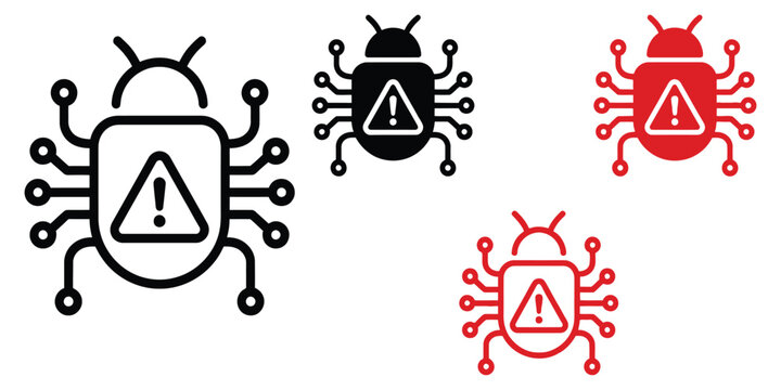 Computer bug vector icon set with warning symbol and error alerts in black and red colors