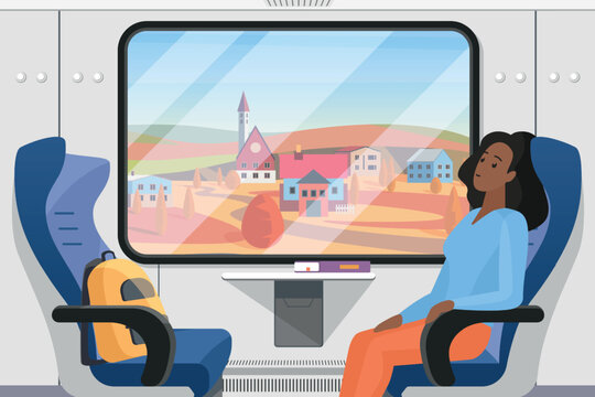 Woman sitting comfortably in a modern train carriage, gazing out the window at a scenic countryside village landscape, enjoying peaceful travel experience vector illustration