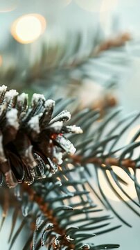A close-up captures a frost-covered pinecone clinging to a pine branch, softly illuminated by bokeh lights, with gentle snowfall. Evoking a serene winter atmosphere, ideal for seasonal decoration.