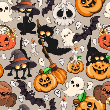 Halloween Cute Characters Vector Seamless Tileable Repeat Textile Pattern Design

