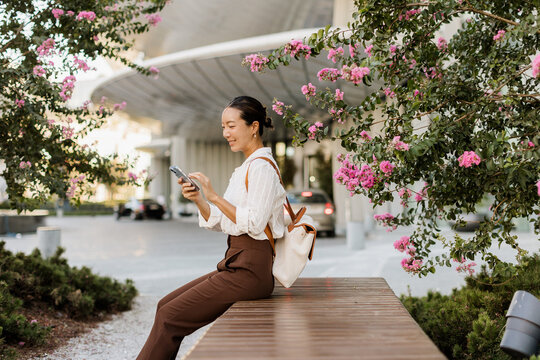 Korean woman relaxing in sunny blooms while using her phone