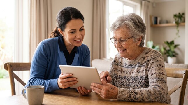 Young woman assisting senior lady using digital tablet at wooden dining table.