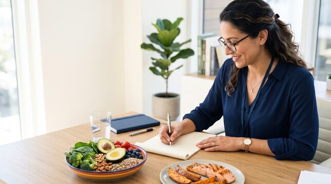 Female nutritionist sitting at desk writing healthy meal plan next to salad bowl.