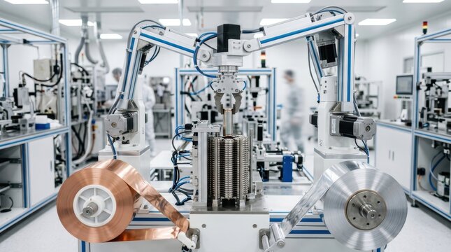 Modular battery cell pilot machines, cylindrical cell stacks, foil spools, and robot arms in a dry room