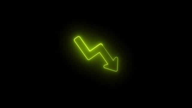 Glowing neon yellow arrow pointing down indicating financial loss or market decline trend.