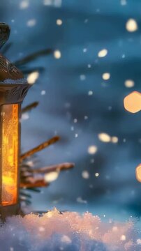 A lantern with a flickering candle sits in a snowdrift. Bokeh lights glow in the background, evoking a warm, festive ambiance amidst a snowy scene.
