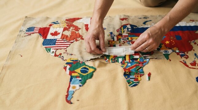 Hands carefully bandaging a torn world map made of colorful flag textiles on a pale tan background with copy space, for international unity and global affairs