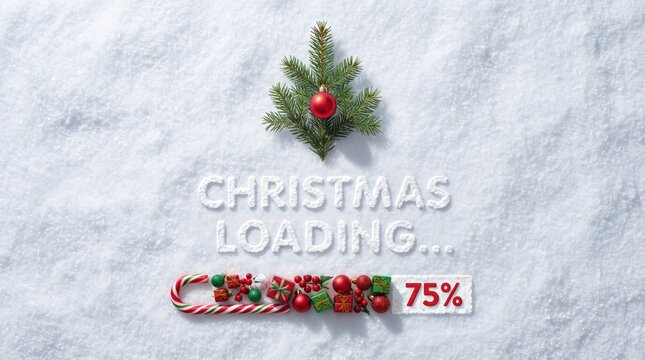 Christmas loading text written in fresh snow with a candy cane progress bar and small holiday gifts