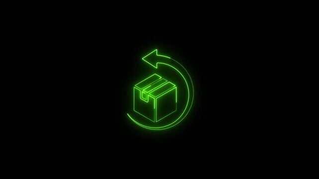 Green neon glowing shipping box icon with circular arrow animation on black background
