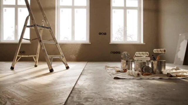 Renovation work in a spacious apartment, new light wooden parquet floor in the foreground, cement floor on the right side with paint cans and rollers.