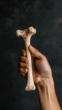 Close-up of human hand holding a prehistoric fossilized human skeleton bone, possibly indicating research or education in biological anthropology and evolutionary history.