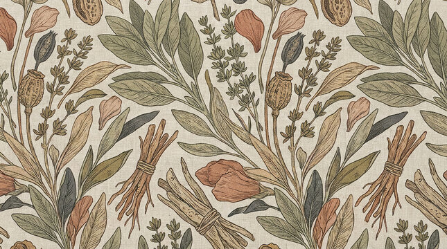 Vintage botanical drawing pattern with rosemary lavender and dried herbs on linen.