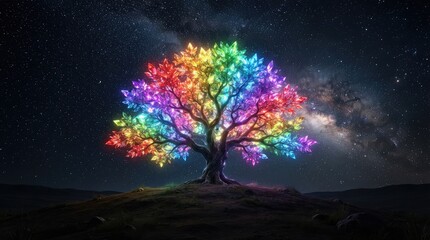 Obraz premium Radiant rainbow tree glowing with vivid multicolored foliage standing majestically against a starry night sky and deep cosmic galaxy