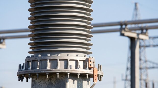 Commercial outdoor photograph of ultra high voltage uhv composite hollow core bushing insulator with gray silicone rubber sheds on galvanized steel support structure in transmission substation