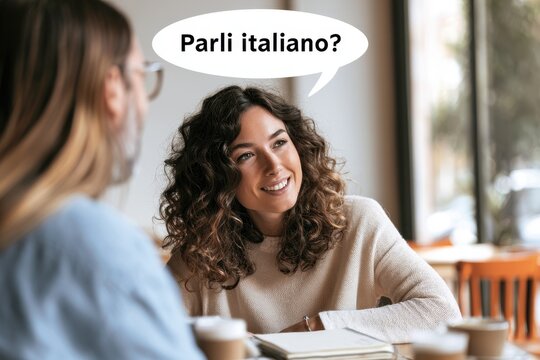 Casual language exchange in a sunlit cafe with a speech bubble saying Parli italiano?