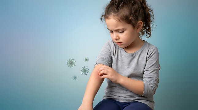 Young child scratching itchy skin with red rash and floating virus germs concept