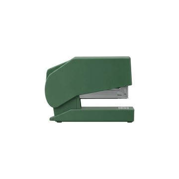 Matte green stapler displayed in profile view shows professional office stationery equipment isolated on a crisp white background for business