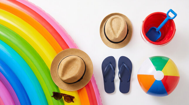 Flat lay of colorful summer beach vacation accessories and rainbow pool float on white