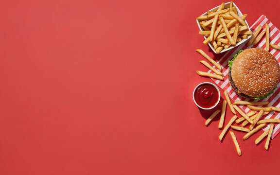 Classic beef burger with french fries in a paper container and ketchup on a vibrant red background, for fast food, restaurant menu