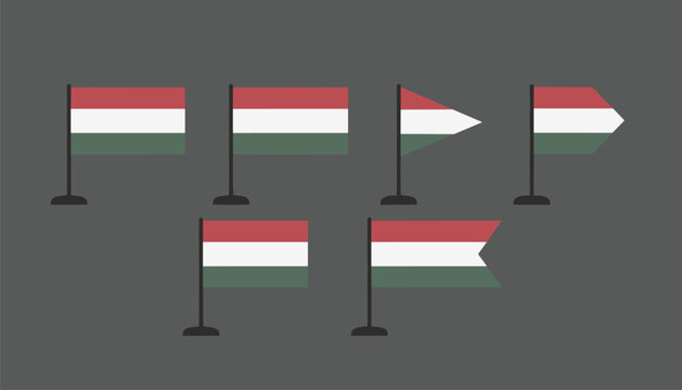 Six differently shaped flags feature the national colors of Hungary in horizontal red, white, and green stripes.