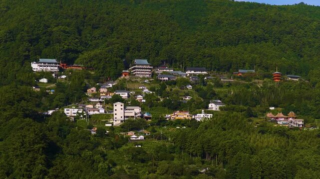 Mountain Village and Nachi Katsuura Shrine in Wakayama, Morning Aerial Shot