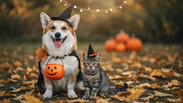 Corgi dog and tabby kitten wearing witch hats sitting in autumn leaves with pumpkin bucket