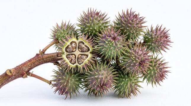 Castor oil plant fruit pods on white