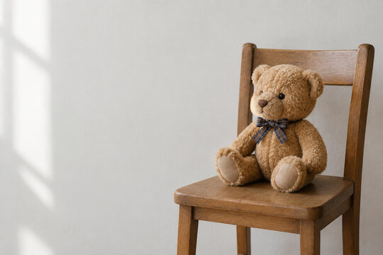 Teddy bear on wooden chair in soft daylight, nursery rhyme and learning concept