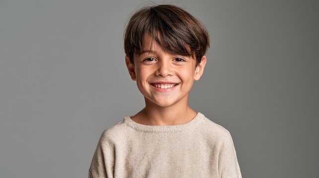 Cheerful child portrait with a warm smile in a calm gray setting