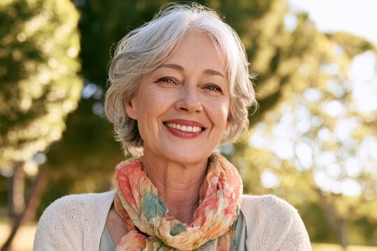 Cheerful elderly woman enjoying a warm day in the greenery