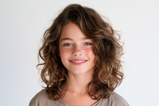 Cheerful girl with defined curls in a studio portrait on a white background