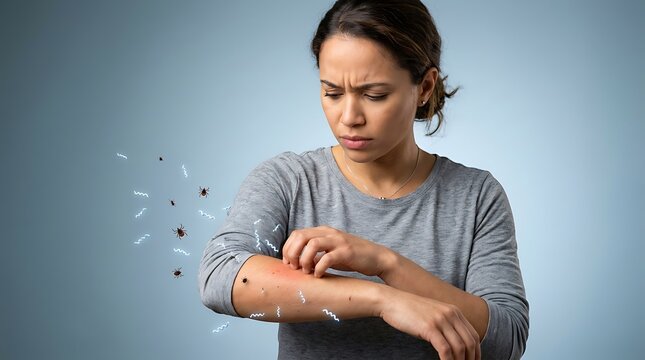 Woman Scratching Red Itchy Rash on Forearm with Ticks and Visual Skin Irritation Symbols on Blue Background