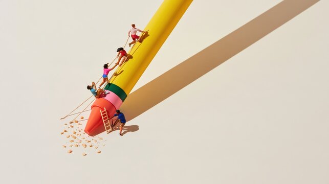 Giant crayon acting as a slide for tiny carved figures of children, featuring a bright colorful design on a smooth cream surface with copy space for education and toy retail campaigns