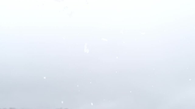 Snow chunks flake apart and fall slowly through pale winter air in slow motion