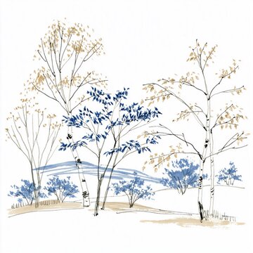 Minimal watercolor landscape with birch trees and blue foliage