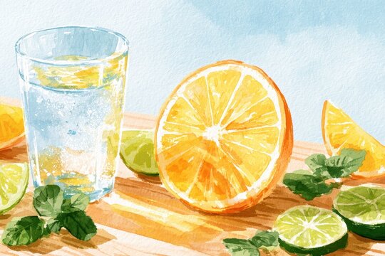 Cheerful illustration of a sun-shaped orange slice lighting a healthy summer scene with fruit, water, and calm sky