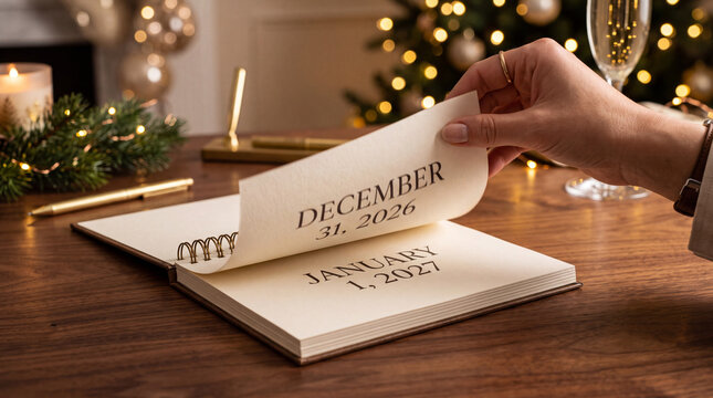 Woman's hand turning a calendar page from December 31 to January 1, on a wooden table with festive background. New Year countdown, year transition, holiday season, 2027.