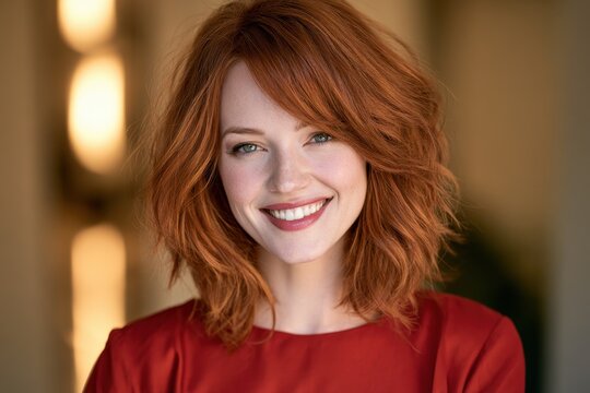 Cheerful red-haired woman portrait with direct gaze and soft background
