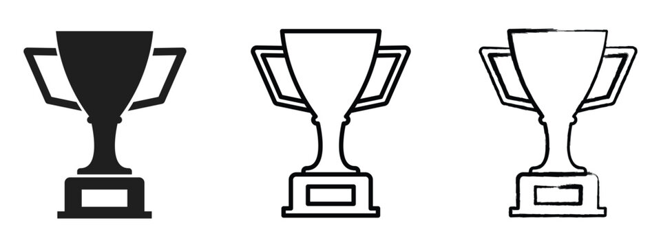 Trophy Cup Award and Success Icon Set, containing Trophy Cup Flat style, Outline, and Hand-Drawn Winner Symbols,  vector illustration