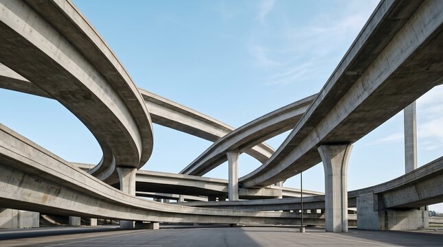 Complex concrete highway interchange with multiple intersecting bridge levels elevated road civil engineering urban architecture city planning modern design