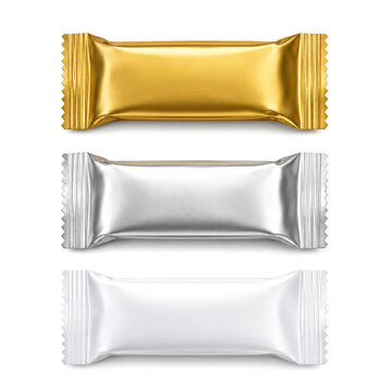 Blank metallic foil snack bar wrappers set in gold silver and white isolated on white background.