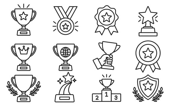 success and achievement award line icon set. featuring trophies, medals, recognition symbols for business and sports success, vector illustration