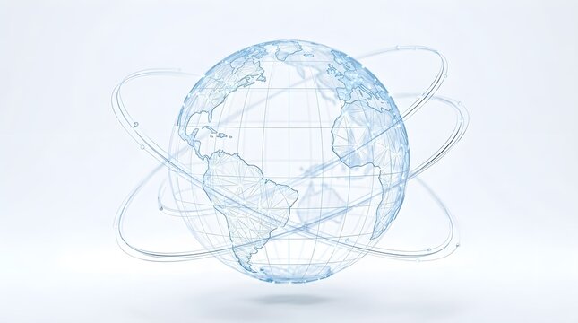 Digital planet earth globe composed of blue interconnected mesh lines and glowing orbital rings displaying modern network connectivity and global communication in a high tech design