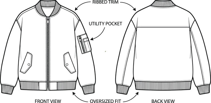 Bomber Jacket Fashion Technical Sketch Vector Template with Front and Back View Showing Oversized Fit Ribbed Trim and Sleeve Utility Pocket for Apparel Designs