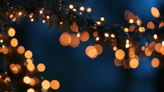 Christmas garland lights with warm bokeh on a dark blue background