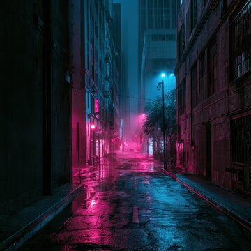 Cinematic night street scene: wet pavement reflections in pink and blue neon