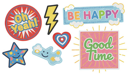 Fototapeta premium Colorful collection of cute retro themed patches and stickers including text quotes, lightning bolt, heart, and stars.